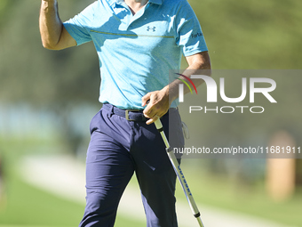 Fabrizio Zanotti of Paraguay celebrates on the 14th green on the third day of the Estrella Damm N.A. Andalucia Masters 2024 at Real Club de...