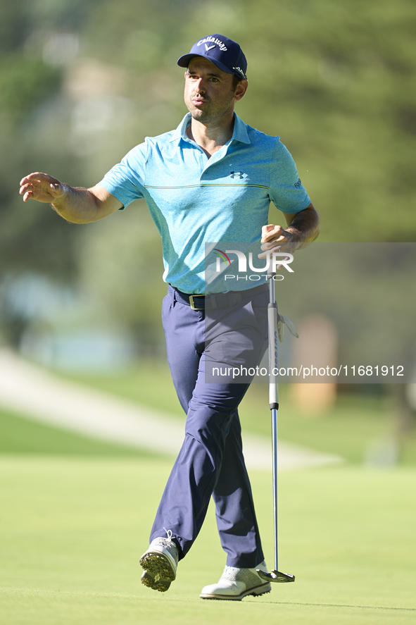 Fabrizio Zanotti of Paraguay celebrates on the 14th green on the third day of the Estrella Damm N.A. Andalucia Masters 2024 at Real Club de...