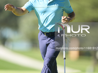 Fabrizio Zanotti of Paraguay celebrates on the 14th green on the third day of the Estrella Damm N.A. Andalucia Masters 2024 at Real Club de...