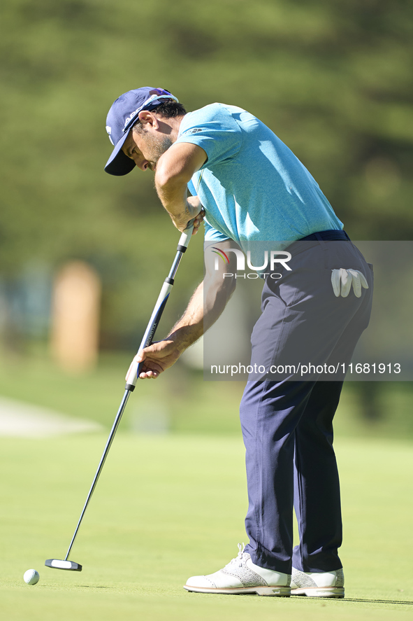 Fabrizio Zanotti of Paraguay plays a shot on the 14th green on the third day of the Estrella Damm N.A. Andalucia Masters 2024 at Real Club d...