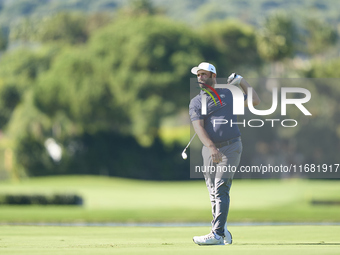 Jon Rahm of Spain plays his second shot on the 14th hole on the third day of the Estrella Damm N.A. Andalucia Masters 2024 at Real Club de G...