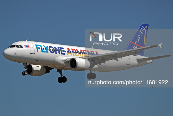 An Airbus A320-214 from FlyOne lands at Barcelona airport in Barcelona, Spain, on September 2, 2024. 