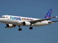 An Airbus A320-214 from FlyOne lands at Barcelona airport in Barcelona, Spain, on September 2, 2024. (