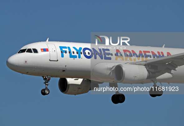 An Airbus A320-214 from FlyOne lands at Barcelona airport in Barcelona, Spain, on September 2, 2024. 