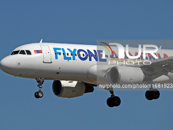 An Airbus A320-214 from FlyOne lands at Barcelona airport in Barcelona, Spain, on September 2, 2024. (