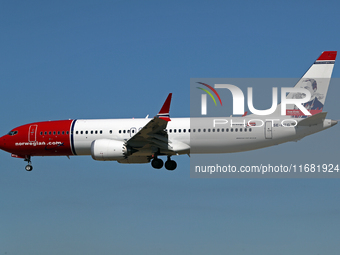 A Boeing 737 MAX 8 from Norwegian (Sam Eyde Livery) lands at Barcelona airport in Barcelona, Spain, on September 2, 2024. (