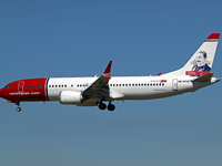 A Boeing 737 MAX 8 from Norwegian (Sam Eyde Livery) lands at Barcelona airport in Barcelona, Spain, on September 2, 2024. (