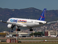 An Airbus A320-214 from FlyOne lands at Barcelona airport in Barcelona, Spain, on September 2, 2024. (