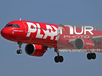 An Airbus A321-251N from Play company lands at Barcelona airport in Barcelona, Spain, on September 2, 2024. (