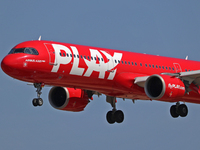 An Airbus A321-251N from Play company lands at Barcelona airport in Barcelona, Spain, on September 2, 2024. (