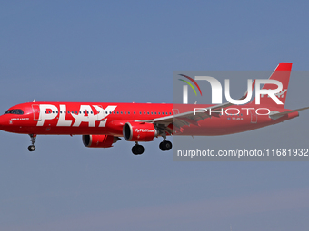 An Airbus A321-251N from Play company lands at Barcelona airport in Barcelona, Spain, on September 2, 2024. (