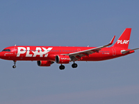 An Airbus A321-251N from Play company lands at Barcelona airport in Barcelona, Spain, on September 2, 2024. (