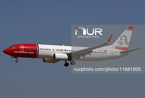 A Boeing 737-8KN from Norwegian, featuring the Camillia Collett Livery, lands at Barcelona airport in Barcelona, Spain, on September 2, 2024...