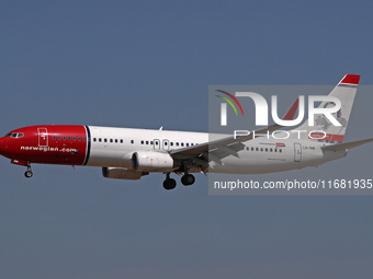 A Boeing 737-8KN from Norwegian, featuring the Camillia Collett Livery, lands at Barcelona airport in Barcelona, Spain, on September 2, 2024...