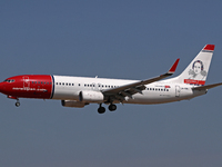 A Boeing 737-8KN from Norwegian, featuring the Camillia Collett Livery, lands at Barcelona airport in Barcelona, Spain, on September 2, 2024...