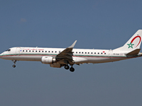 An Embraer E190AR from Royal Air Maroc lands at Barcelona airport in Barcelona, Spain, on September 2, 2024. (