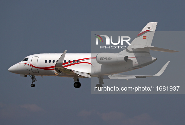 A Dassault Falcon 2000LX from Gestair company lands at Barcelona airport in Barcelona, Spain, on September 2, 2024. 