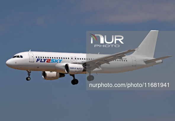 An Airbus A320-214 from Fly2Sky lands at Barcelona airport in Barcelona, Spain, on September 2, 2024. 