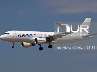 An Airbus A320-214 from Fly2Sky lands at Barcelona airport in Barcelona, Spain, on September 2, 2024. (