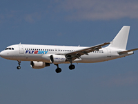 An Airbus A320-214 from Fly2Sky lands at Barcelona airport in Barcelona, Spain, on September 2, 2024. (