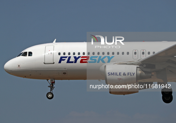 An Airbus A320-214 from Fly2Sky lands at Barcelona airport in Barcelona, Spain, on September 2, 2024. 