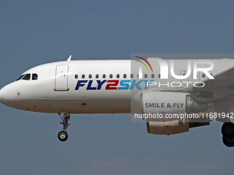 An Airbus A320-214 from Fly2Sky lands at Barcelona airport in Barcelona, Spain, on September 2, 2024. (