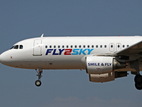 An Airbus A320-214 from Fly2Sky lands at Barcelona airport in Barcelona, Spain, on September 2, 2024. (