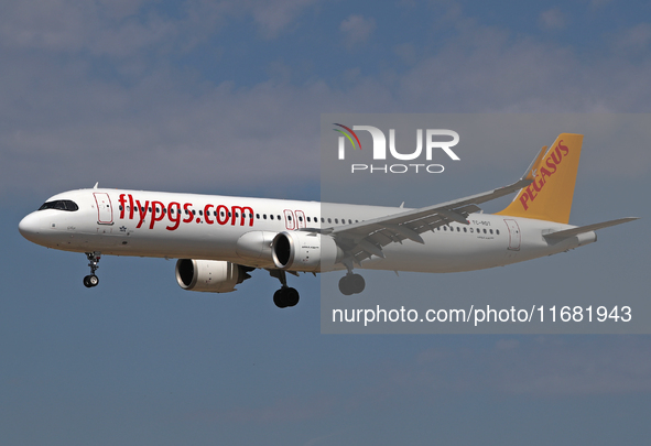 An Airbus A321-251NX from Pegasus company lands at Barcelona airport in Barcelona, Spain, on September 2, 2024. 