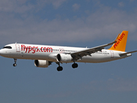 An Airbus A321-251NX from Pegasus company lands at Barcelona airport in Barcelona, Spain, on September 2, 2024. (