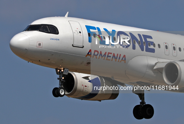 An Airbus A320-232 from FlyOne lands at Barcelona airport in Barcelona, Spain, on September 2, 2024. 