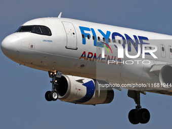 An Airbus A320-232 from FlyOne lands at Barcelona airport in Barcelona, Spain, on September 2, 2024. (