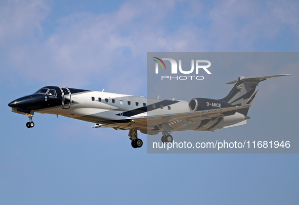 An Embraer Legacy 650E from VistaJet lands at Barcelona airport in Barcelona, Spain, on September 2, 2024. 