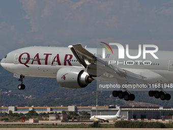 A Boeing 777-3DZ(ER) from Qatar Airways lands at Barcelona airport in Barcelona, Spain, on September 2, 2024. (