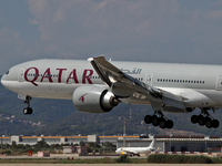 A Boeing 777-3DZ(ER) from Qatar Airways lands at Barcelona airport in Barcelona, Spain, on September 2, 2024. (