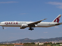 A Boeing 777-3DZ(ER) from Qatar Airways lands at Barcelona airport in Barcelona, Spain, on September 2, 2024. (