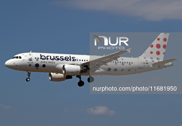 An Airbus A320-214 from Brussels Airlines lands at Barcelona airport in Barcelona, Spain, on September 2, 2024. 