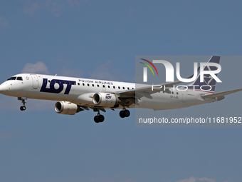 An Embraer E195LR from LOT company lands at Barcelona airport in Barcelona, Spain, on September 2, 2024. (