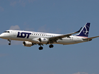 An Embraer E195LR from LOT company lands at Barcelona airport in Barcelona, Spain, on September 2, 2024. (