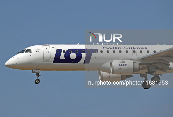 An Embraer E195LR from LOT company lands at Barcelona airport in Barcelona, Spain, on September 2, 2024. 