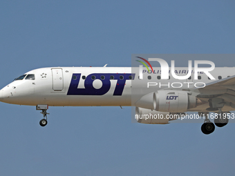 An Embraer E195LR from LOT company lands at Barcelona airport in Barcelona, Spain, on September 2, 2024. (