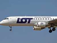 An Embraer E195LR from LOT company lands at Barcelona airport in Barcelona, Spain, on September 2, 2024. (