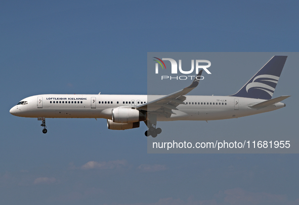 A Boeing 757-223 from Icelandair (Loftleidir Icelandic Livery) lands at Barcelona airport in Barcelona, Spain, on September 2, 2024. 