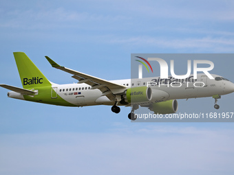 An Airbus A220-300 from Air Baltic lands at Barcelona airport in Barcelona, Spain, on September 11, 2024. (