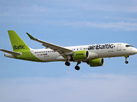 An Airbus A220-300 from Air Baltic lands at Barcelona airport in Barcelona, Spain, on September 11, 2024. (