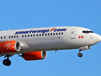 A Boeing 737-8SH from Smartwings lands at Barcelona airport in Barcelona, Spain, on September 14, 2024. (