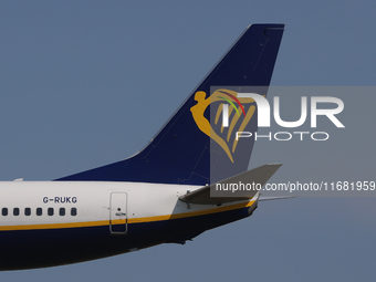 A Boeing 737-8AS from Ryanair UK lands at Barcelona airport in Barcelona, Spain, on June 6, 2024. (