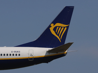 A Boeing 737-8AS from Ryanair UK lands at Barcelona airport in Barcelona, Spain, on June 6, 2024. (