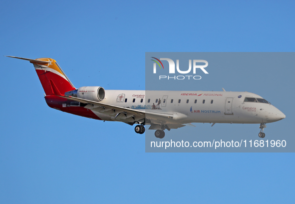 A Mitsubishi CRJ-200ER from Iberia Regional lands at Barcelona airport in Barcelona, Spain, on September 14, 2024. 