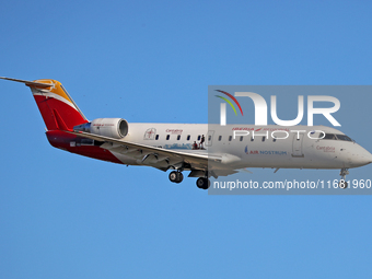 A Mitsubishi CRJ-200ER from Iberia Regional lands at Barcelona airport in Barcelona, Spain, on September 14, 2024. (