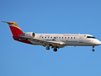 A Mitsubishi CRJ-200ER from Iberia Regional lands at Barcelona airport in Barcelona, Spain, on September 14, 2024. (